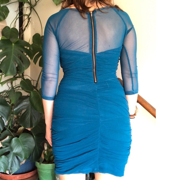 Bardot Ruched Mesh Bodycon Blue Mini Dress S - Picture 7 of 12